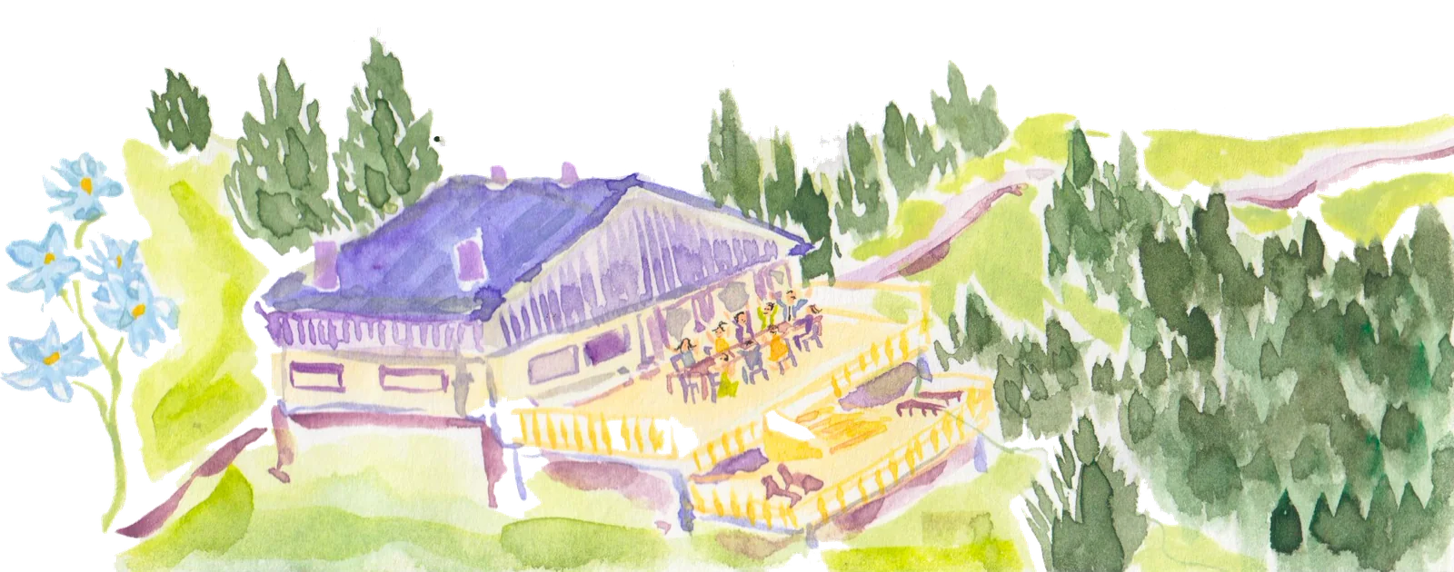 Le chalet de l'Idéal 1850 et sa terrasse au milieu des sapins, peints à l'aquarelle